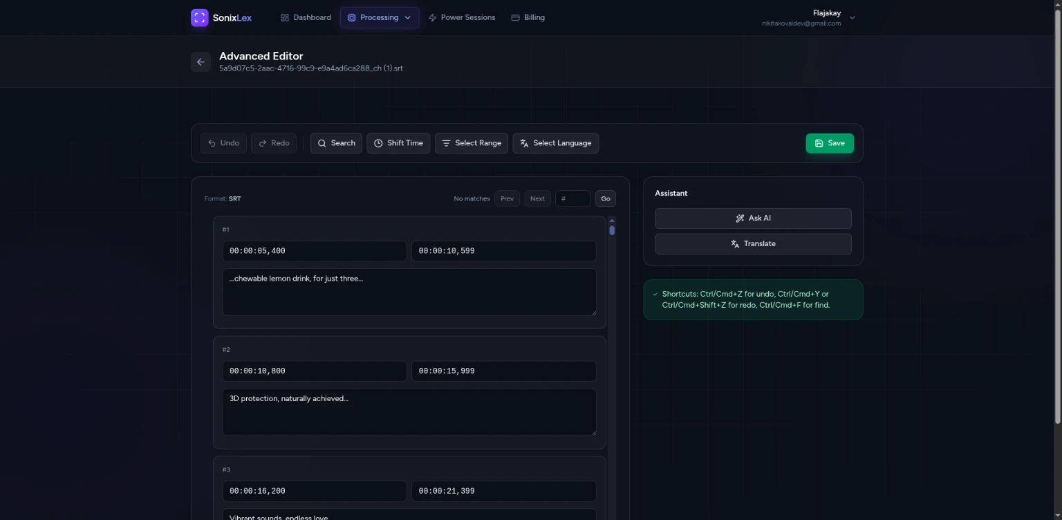 Subtitle editor with a timeline and translated segments side by side